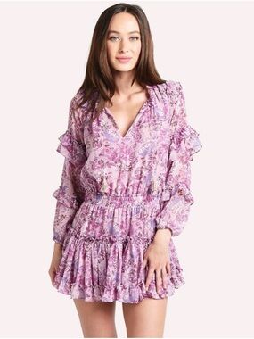 Misa LA Floral Ruffle Long-Sleeve Mini Dress in Lavender Pink